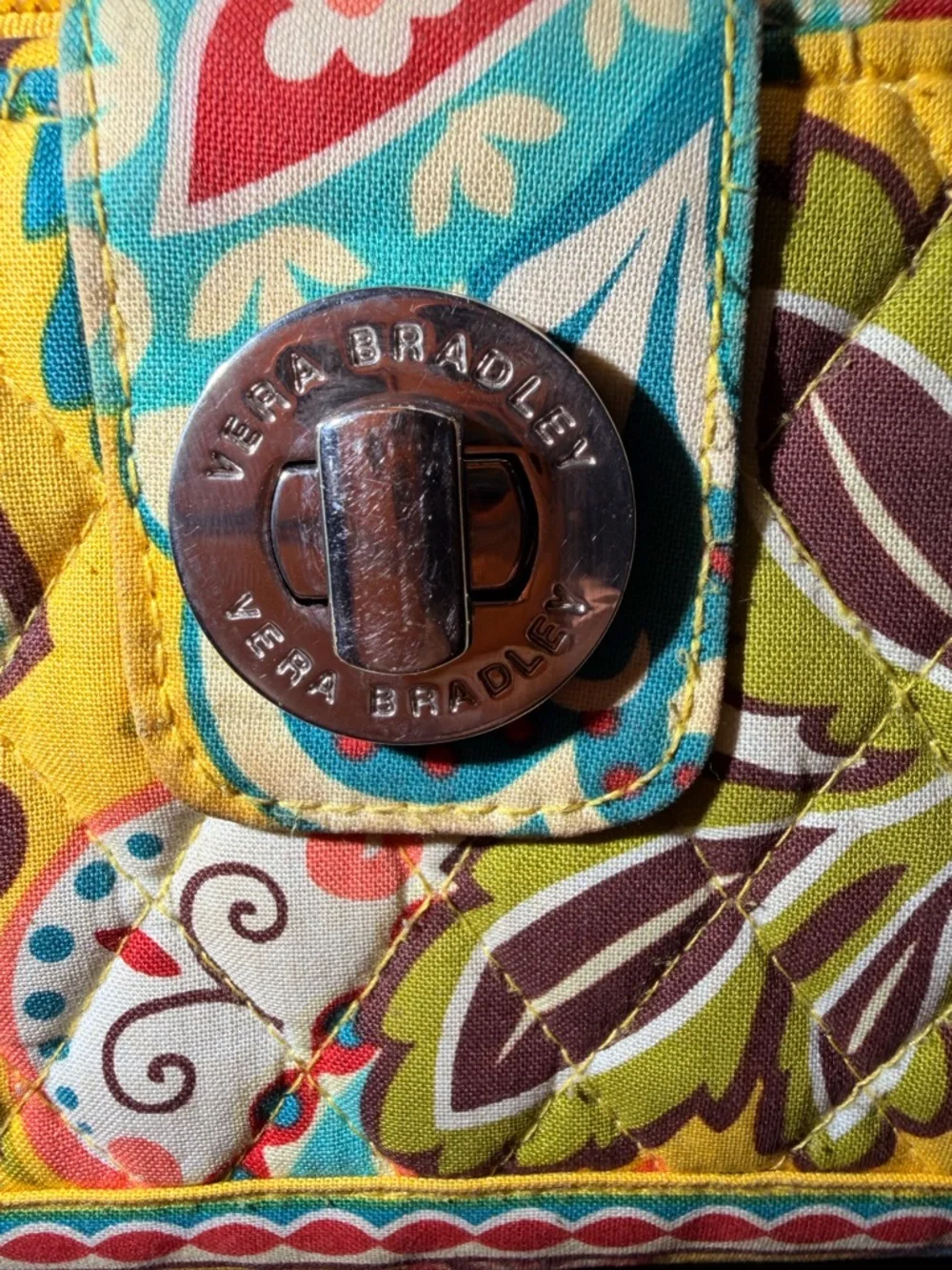 Vera Bradley Yellow Turquoise Brown Floral Quilted Turn-Lock Wallet - Picture 2 of 9